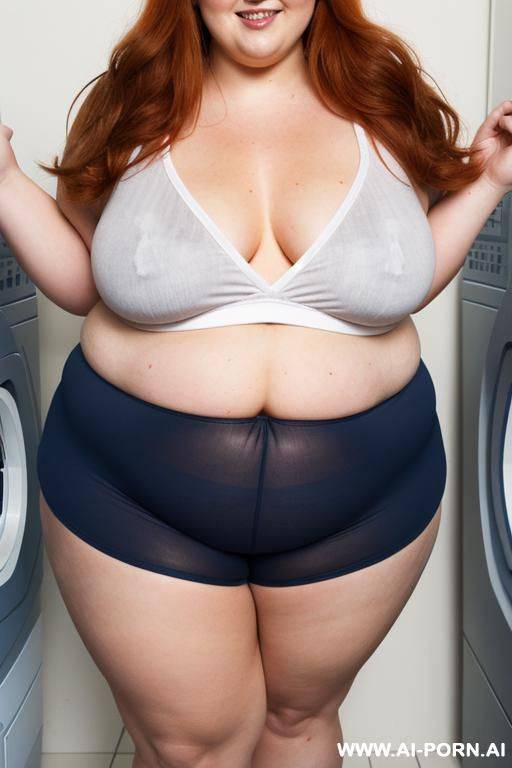 half-length photo, ((full body photo shot close up)). as a set in the laundry area, a (((chubby))) fat chubby fat thick and bbw redhead british, ((she is washing clothes)). ((she has lovehandless)). she is wearing a ripped gym clothes - #main