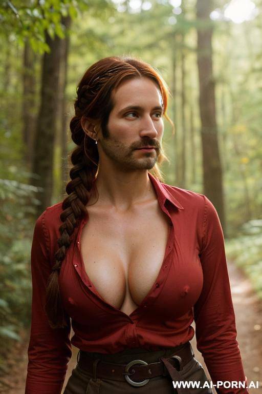 pretty woman walking down a trail in the woods. hairy pussy. big nipples. tight red shirt - #main