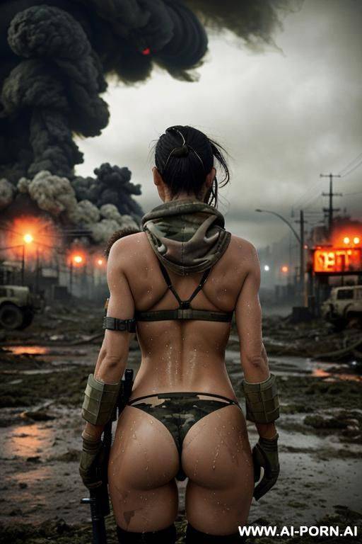 at nigth , apocalyptic city , cloudy sky fog battle city , atomic bomb explosions landscape , horizont looking ,from behind stading sexy pose , mud-stained oíl body , camouflage thong , - #main