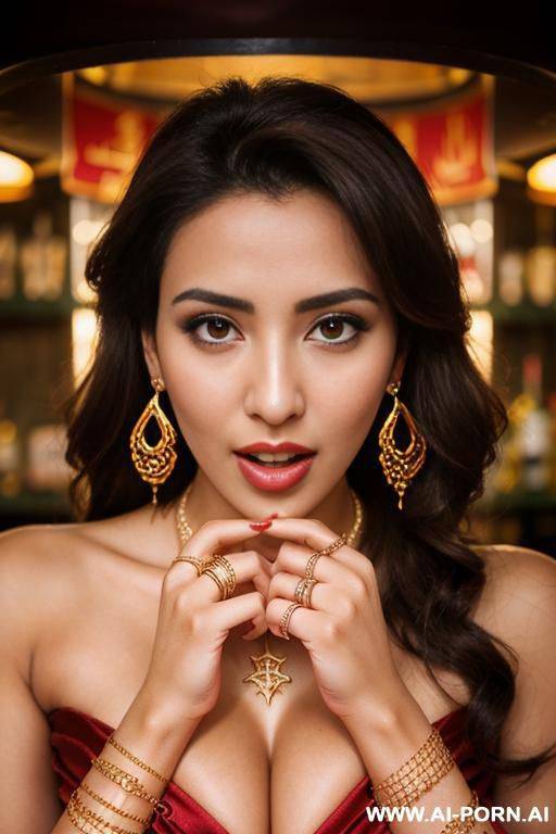 arabic woman, in a bar, (gold necklace bracelets and rings, loop earrings), red satin dress, orgasm, brown messy hair, camera from above, ((cum on face)) - #main