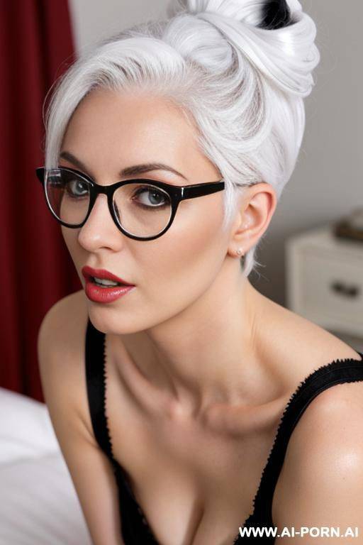 white hair bun glasses stockings bending over - #main