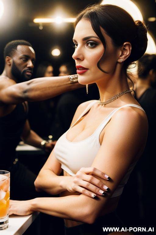 a white woman with a drink in her hand, taking a selfi, with a black man on a dance club - #main