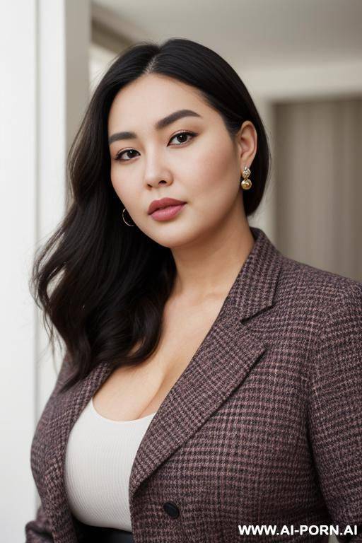 the picture shows a woman wearing a color-blocked jacket, but no clear physical information has been identified yet. judging from the picture, this woman has a plump figure and looks a bit - #main
