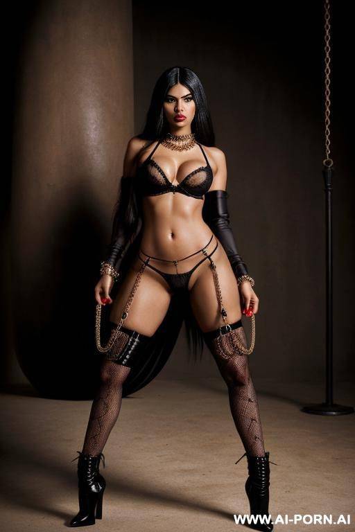 sexy persian woman, brown skin, black hair, black bra, black thong, brown skin, domina, bdsm style, red nails, agressive looking, evil and crual woman, very sexy bootie, holding black chains, black whips and black spider webs - #main