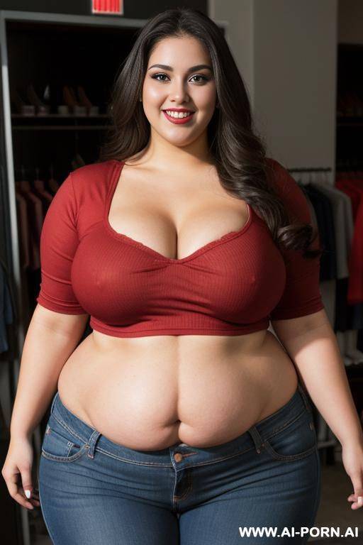 mexican, lots of moles, big hips, big nose, nerd, tight red shirt, holding candy bar, plump, high rise jeans, eating - #main