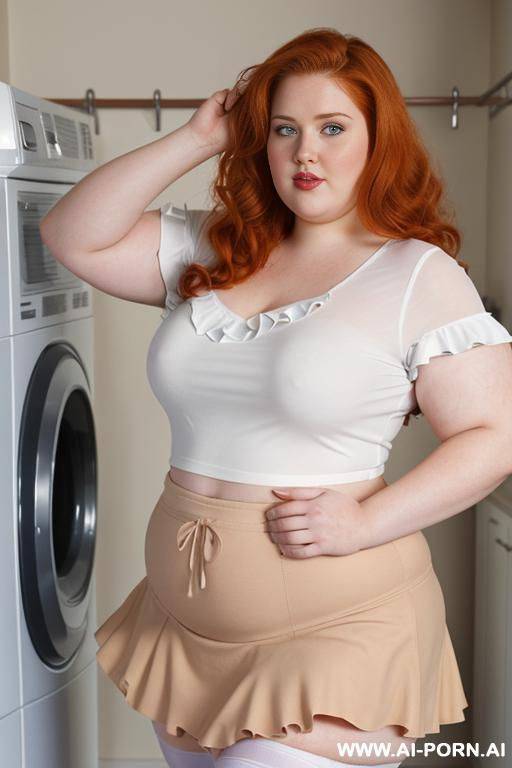 half-length photo, ((half body photo shot close up)). as a set in the laundry area, a (((very obese))) fat chubby fat thick and bbw redhead british, ((she is washing clothes)). she has - #main