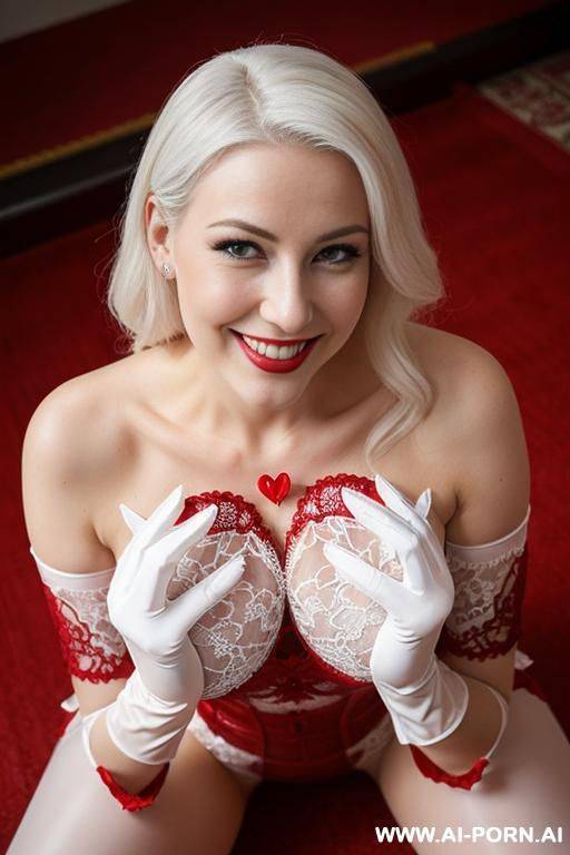 1 woman in the transparent style costume is sitting on a red patterned carpet. wearing white lace gloves and making a heart shape with her hands. - #main