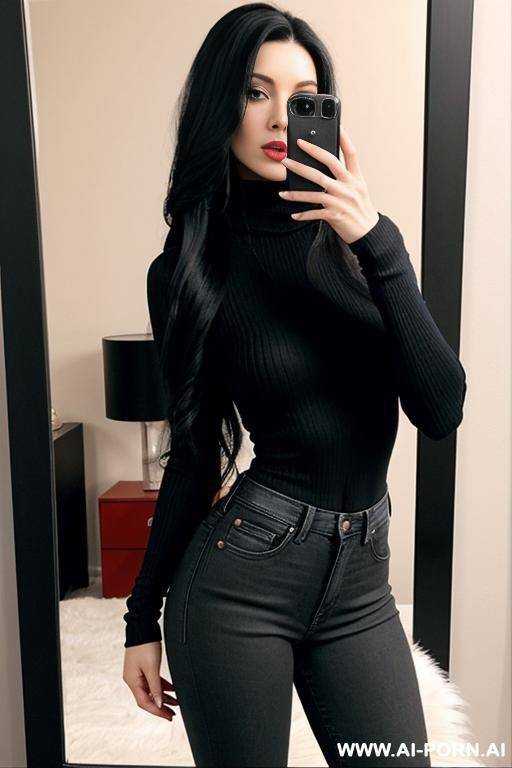 woman black long hair red turtleneck jeans selfie photo in the mirror - #main