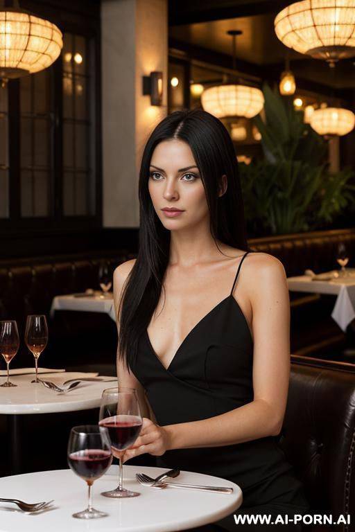 tand up, dressed in a short black dress, slightly lifted to reveal her pussy with wide side slits, round boos, topless, side swept hair, shwo pussy, (shoulder length messy hair), lifts her - #main