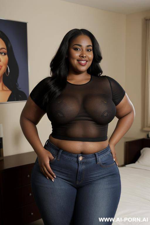 black woman, very rotund, huge, supermodel, pear shaped, long hair, huge legs, massive hips, high rise jeans, bandaid - #main