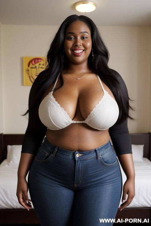 black woman, supermodel, pear shaped, long hair, huge legs, massive hips, high rise jeans, bandaid - #main