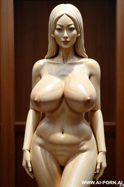 (((wooden statue woman totally naked))), ((looking at the camera)), ((eyes contact)), ((gigantic boobs)), full body view, ((massive hips)), huge curves, huge cleavage, legs open, (pussy visible), ((no - #main