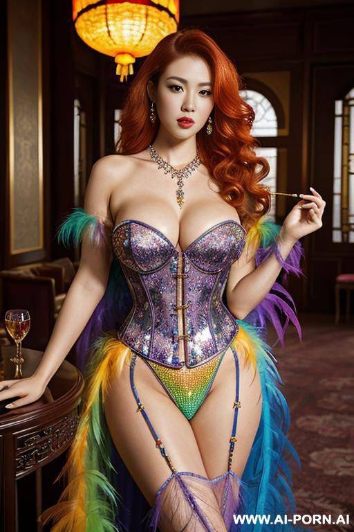 chinese, rainbow feather studed bright diamond transparent corset，feather tutu skirt， mesh robe， rainbow sequin bra ,necklace，rainbow large pointed thigh-high boots - #main