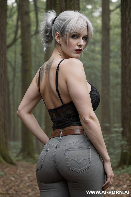 white 2 goth woman showing her huge ass in grey jeans, black tank tops and has a tails - #main