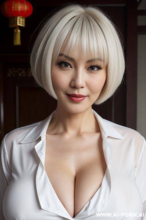 hot cougar, enormous gigantic oversized heavy round m cup boobs, white button shirt with deep cleavage, confident smirk - #main