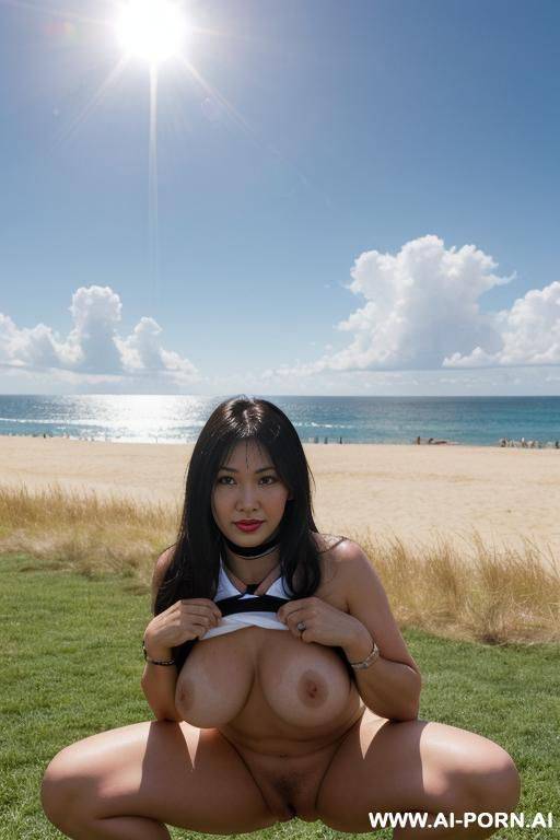 woman with straight black hair, white, thick eyebrows, red lips, large natural breasts with large areolas and huge areolas, hairy pussy - #main