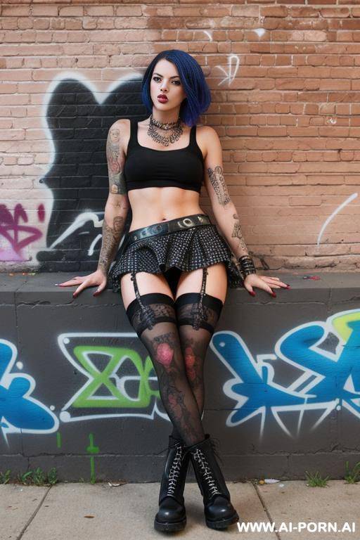 beautiful punk woman, she is sitting a graffiti covered brick wall , she has her knees up and legs spread wide open revealing her pussy , wearing ripped stockings and combat boots , hitched up skirt ,giving the middle finger - #main