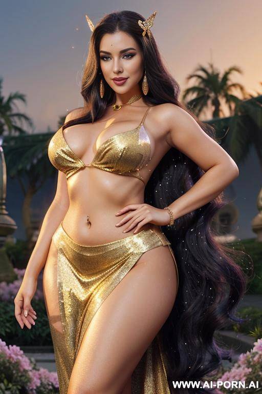 a stunning cartoon-style woman in animation style, with long flowing hair, big sparkling eyes, and a curvy figure. she’s wearing a glamorous and slightly revealing fantasy outfit—like a shimmering - #main