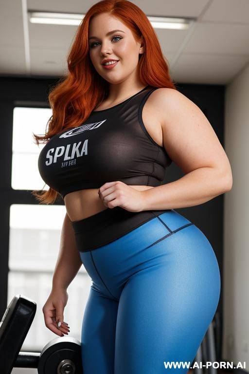 close up full body photo shot from side, stunningly beautiful, about at classroom, chubby very obese redhead fat bbw curvy woman, (((wearing a sexy and hot leggins and sports top))), in a gym, perfect face, (flexing big biceps), - #main