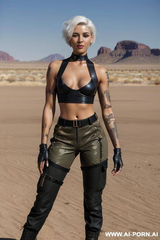 a naked dark-skinned muscular policewoman with short white hair, a body covered in vulgar inscriptions and sprayed with white liquid in a collar, lies in tears with a lost look in full growth - #main