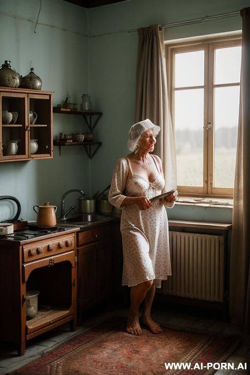 an elderly ukrainian woman from a remote village in the sumy region is getting ready for bed in a modest, rural home. it is evening, and the dim, glow from a single light source softly - #main