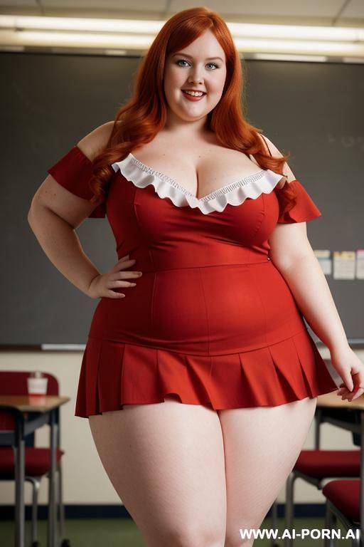 close up full body photo shot, about at classroom, chubby very ((very obese)) redhead fat bbw curvy teacher, wearing a sexy and hot micro red ruffle skirt, and elegant top, teaching to the classroom. - #main