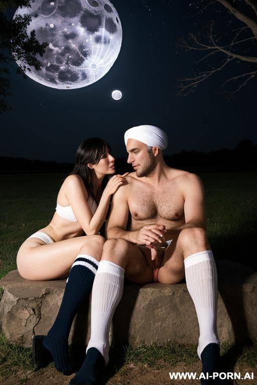 man with jat and woman in long socks have sex under the moonlight - #main