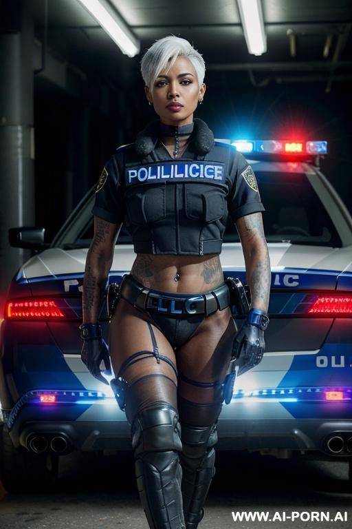 a naked dark-skinned muscular policewoman with short white hair, a body covered in vulgar inscriptions and sprayed with white liquid in a collar, lies in tears with a lost look in full growth, toples, piercing nipples, black lipstick - #main