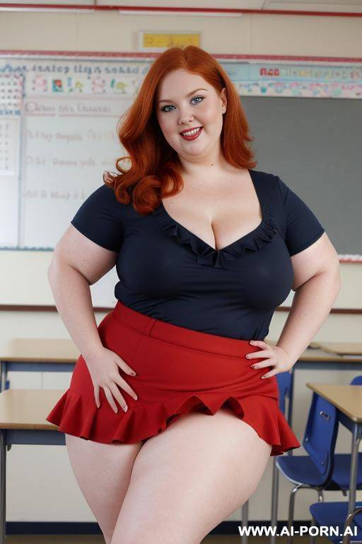 close up full body photo shot, about at classroom, chubby very ((very obese)) redhead fat bbw curvy teacher, wearing a sexy and hot micro red ruffle skirt, and elegant top, teaching to the classroom. - #main