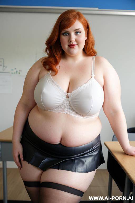 close up full body photo shot, about at classroom, chubby very ((very obese)) redhead fat bbw curvy teacher, wearing a sexy and hot micro ruffle leather skirt, and elegant top, teaching to the classroom. ((dynamic angle)), perfect face - #main