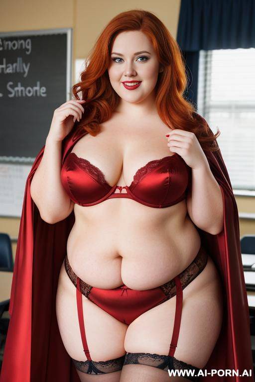 close up half body photo shot, about at classroom, chubby very ((obese)) redhead fat bbw curvy teacher, wearing a sexy and hot heroine red and gold suit, a flowing cape and a sleek eye mask and stocking, teaching to the classroom. - #main