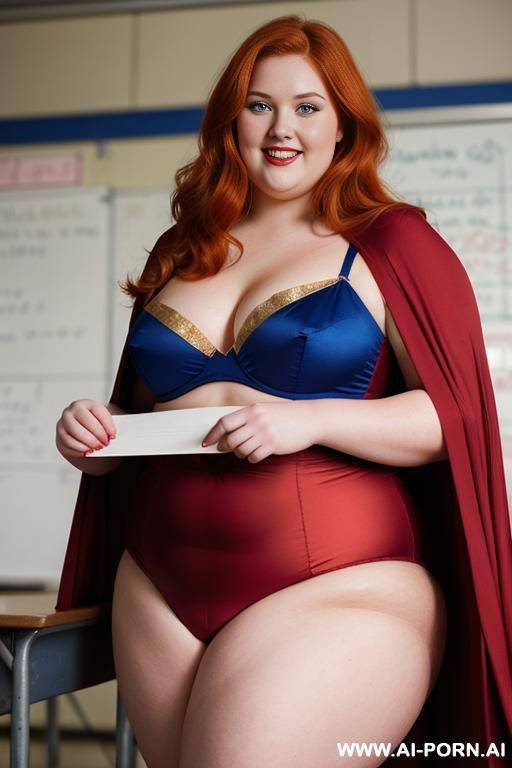 close up half body photo shot, about at classroom, chubby very ((obese)) redhead fat bbw curvy teacher, wearing a sexy and hot and sexy heroine red and gold suit with cape, teaching to the classroom. - #main