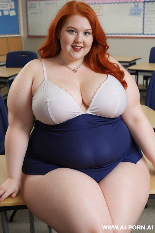 close up full body photo shot, about at classroom, chubby very ((very obese)) redhead fat bbw curvy teacher, wearing a sexy and hot micro and sexy superheroine custom, teaching to the classroom. - #main