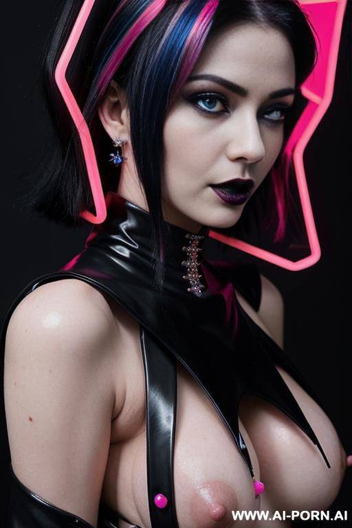 (goth woman) (pallid skin) (blue eye tint) (elegant nipple shield) (nipple rings) (pierced nipples) (black hair with neon pink highlights) - #main