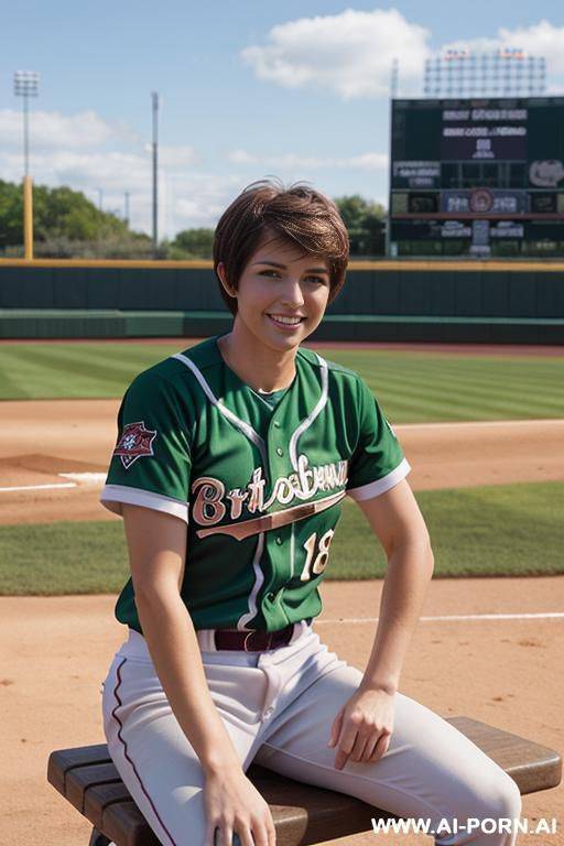 brown hair, green eyes, pixie haircut, baseball jersey, showing pussy, smile, baseball field, sitting on bench - #main