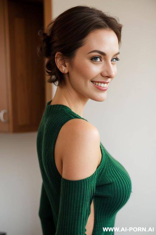 humongous breasts, loose sleeveless sweater, fit body, pictured from side, exposed nipple, smiling at viewer - #main