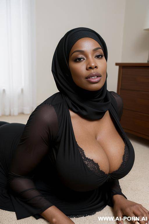 a black woman with a big ass, wide hips, and large, massive breasts. she is wearing a black hijab that covers her body. lying on the floor. - #main