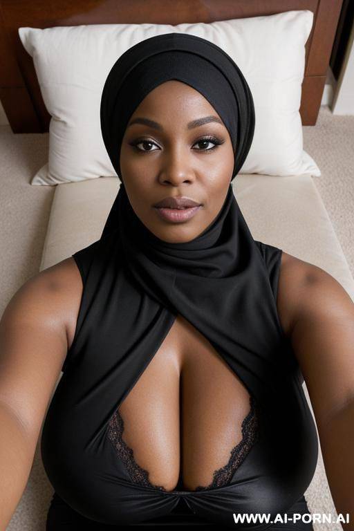 a black woman with a big ass, wide hips, and large gigantic breasts. deep cleavage. she is wearing a black hijab that covers her body. lying on the floor. - #main