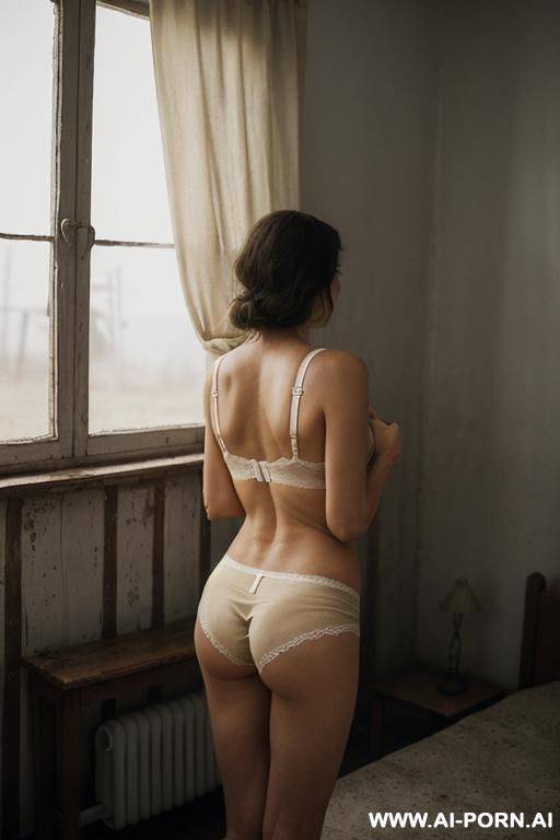 it is night. the window is fully covered with thick curtains — no light comes through, and it is clearly dark outside. inside a modest, old rural house from the late soviet era, an - #main