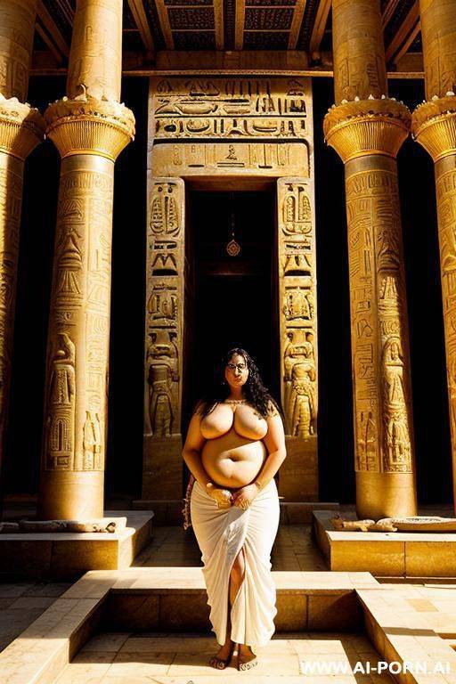 a chubby naked egyptian female temple servant stands in front of a golden egyptian shrine, surrounded by priests and priestesses - #main