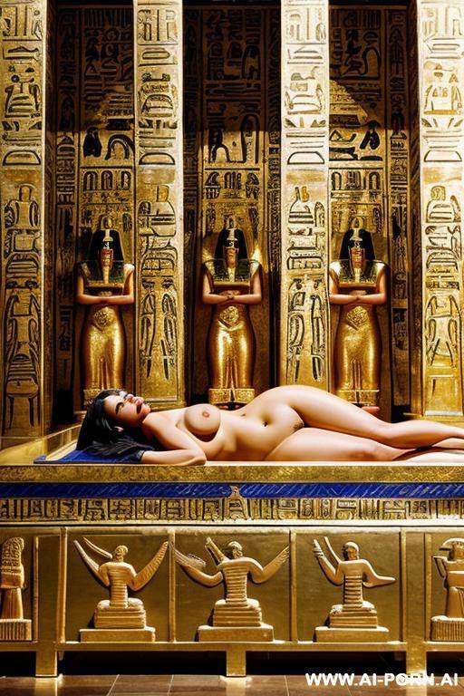 a chubby naked egyptian female temple servant is laying on a golden egyptian shrine, surrounded by priests and priestesses - #main