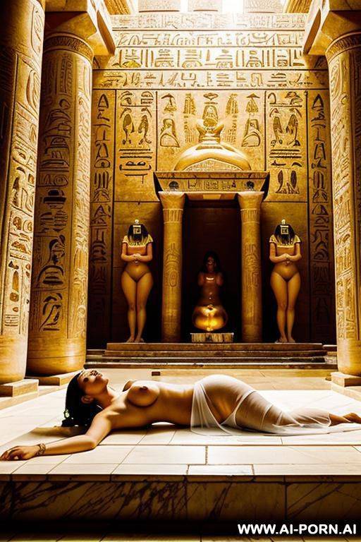 a chubby naked egyptian female temple servant is laying on a golden egyptian shrine. by the shrine stands an egyptian priestess in a transparent white dress. she brings her female naked temple servant to orgasm. - #main