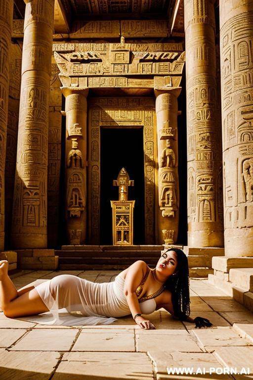 a chubby egyptian temple servant is laying on a golden egyptian shrine. by the shrine stands an egyptian priestess in a transparent white dress. she brings her female naked temple servant to orgasm. - #main