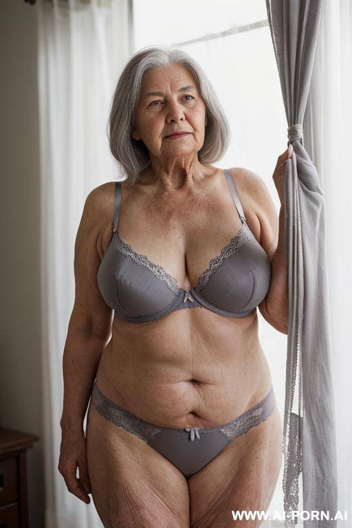it is nighttime. thick curtains fully cover the window — ((completely blocking any light from outside!)).a very old ukrainian village woman is quietly getting ready for bed.granny is standing in - #main