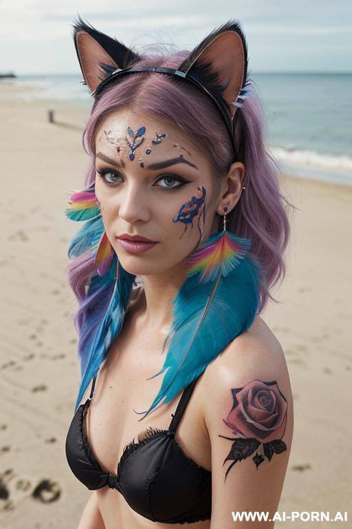 face, sexy, beautiful, ((face painting)), ((bikini as seashell)), ((tattoo roses)), ((eyes shw)), ((angel wings)), ((rainbow hair)), ((long bu hair)), ((wind)), (( cat face)), (( cat ears)), (((feather - #main