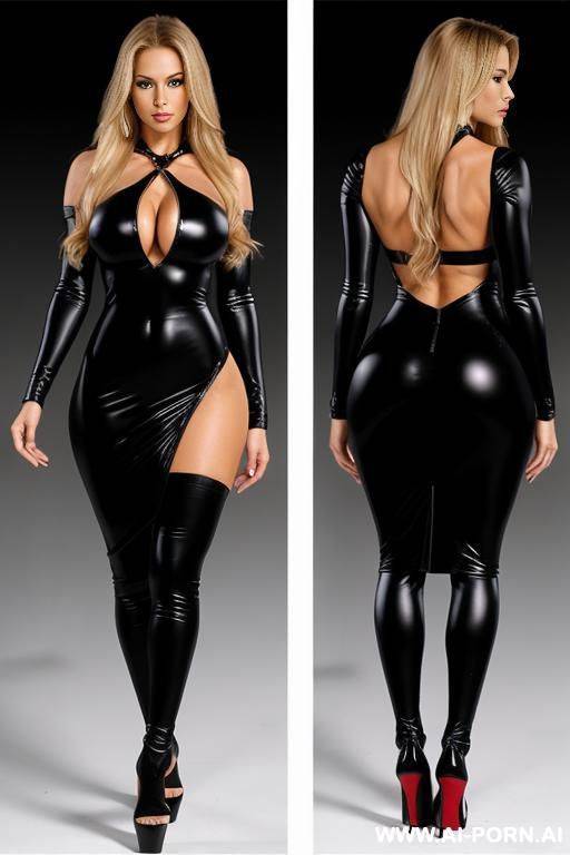 sexbot, front view, full body view, walking, showing off her shapely thigh, seductive face, pretty face, long straight blonde hair, (fit body, abs, thick arms, shapely arms), (huge fake tits:1.3), - #main