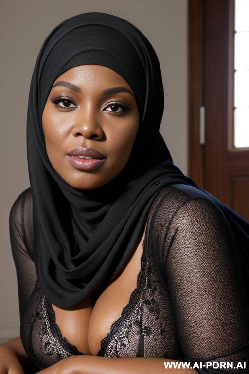 curvy black woman, large gigantic massive oversized breasts, black hijab that covers her body, happy horny seductive expression, sleepy eyes, kneeling on the floor, bending over - #main