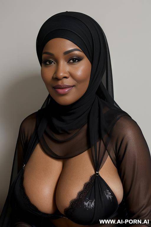 a curvy black woman with large massive breasts wearing a transparent black hijab that covers her body, smirk - #main