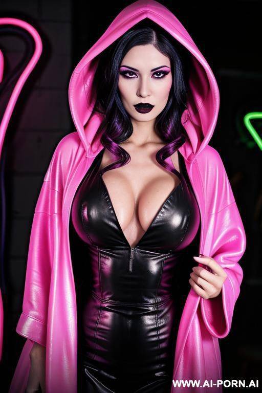 (close up) (goth woman) (pallid skin) (black hair with neon pink highlights) (open elegant leather hooded robe) (hood down) (dance club neon lights) - #main