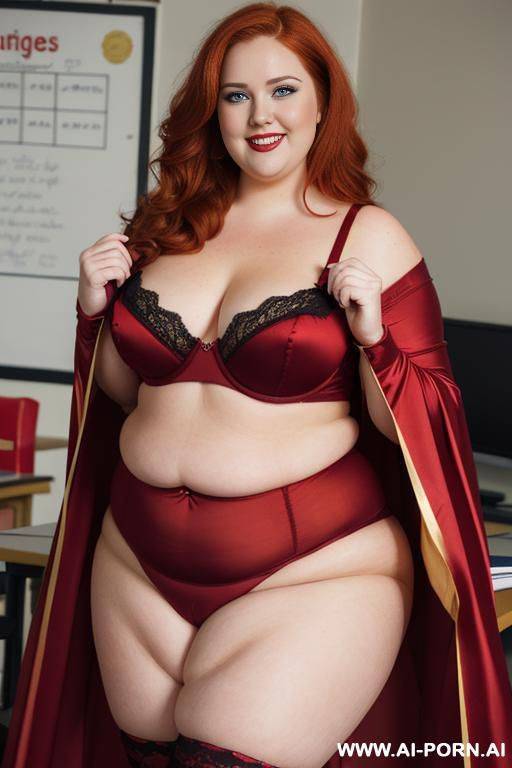 close up half body photo shot, about at classroom, chubby ((very obese)) redhead fat bbw teacher, wearing a hot heroine (red and gold) suit, a flowing cape and a sleek eye mask and stocking, teaching to the classroom. - #main